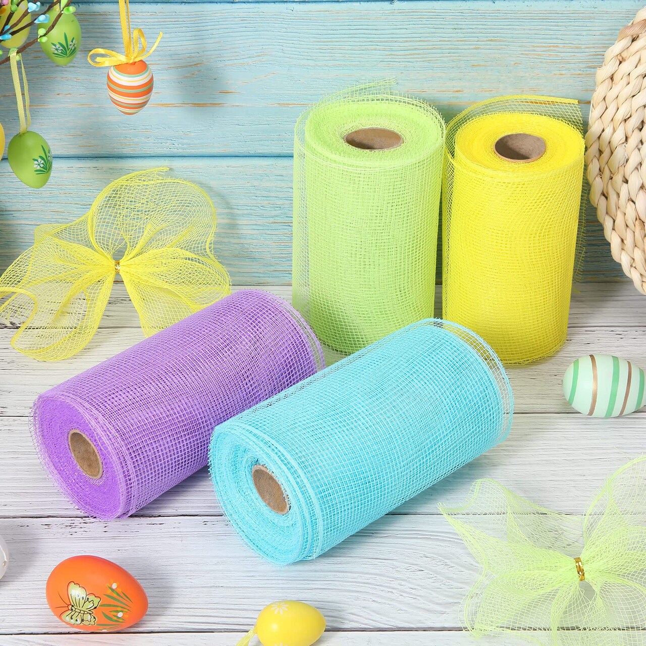 4 Rolls Easter Decor Mesh Ribbon Making Supplies Poly Mesh Ribbon for Halloween Craft Wreaths Decorating 30 Feet Each Roll(6 Inch Wide,Yellow, Green, Blue, Purple)